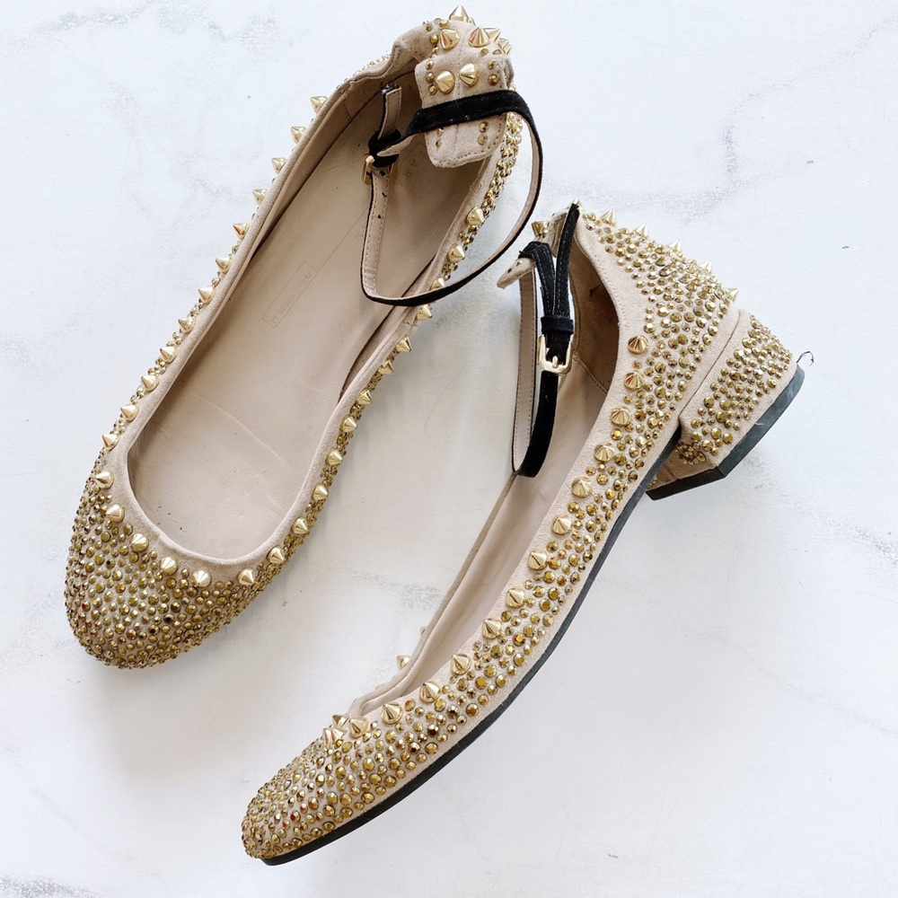 ZARA beige gold studded ankle strap ballerinas